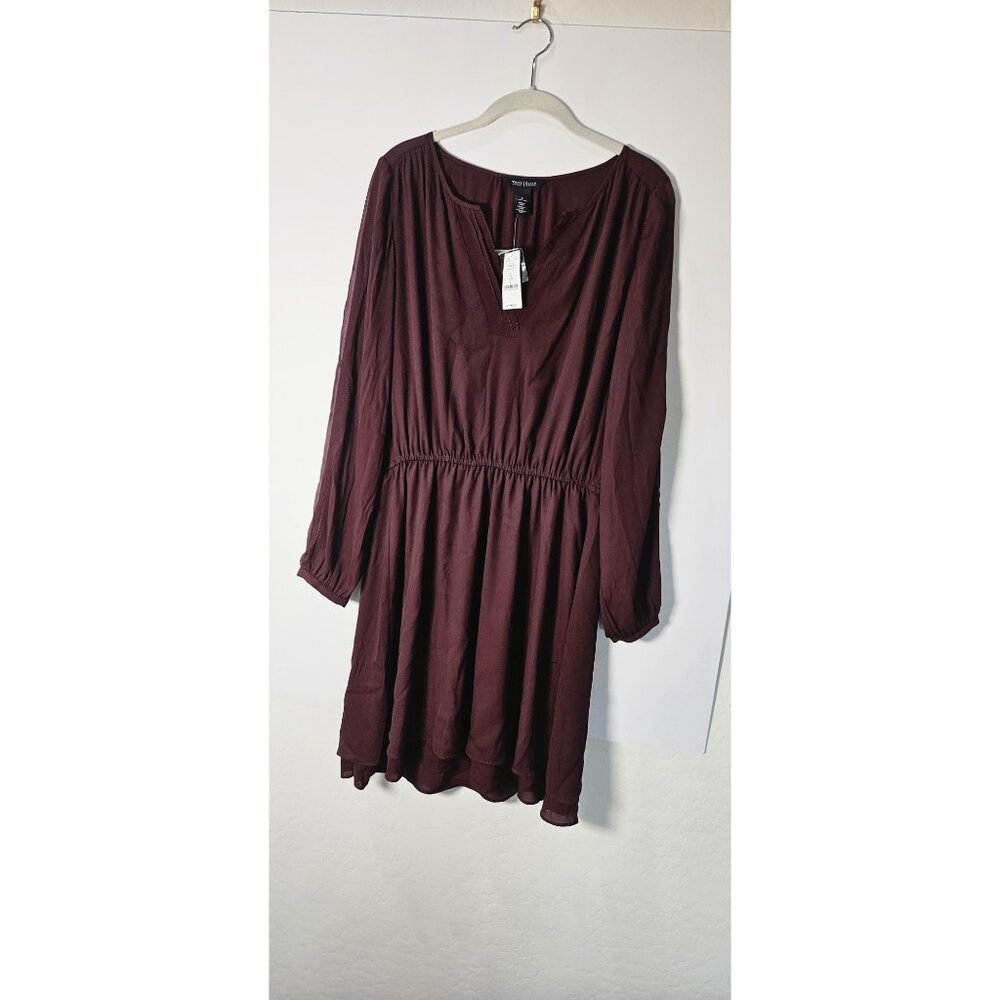 White House Black Market Wine/Port Color BOHO Dress SZ 6 Long Sleeve V-Neck NWT